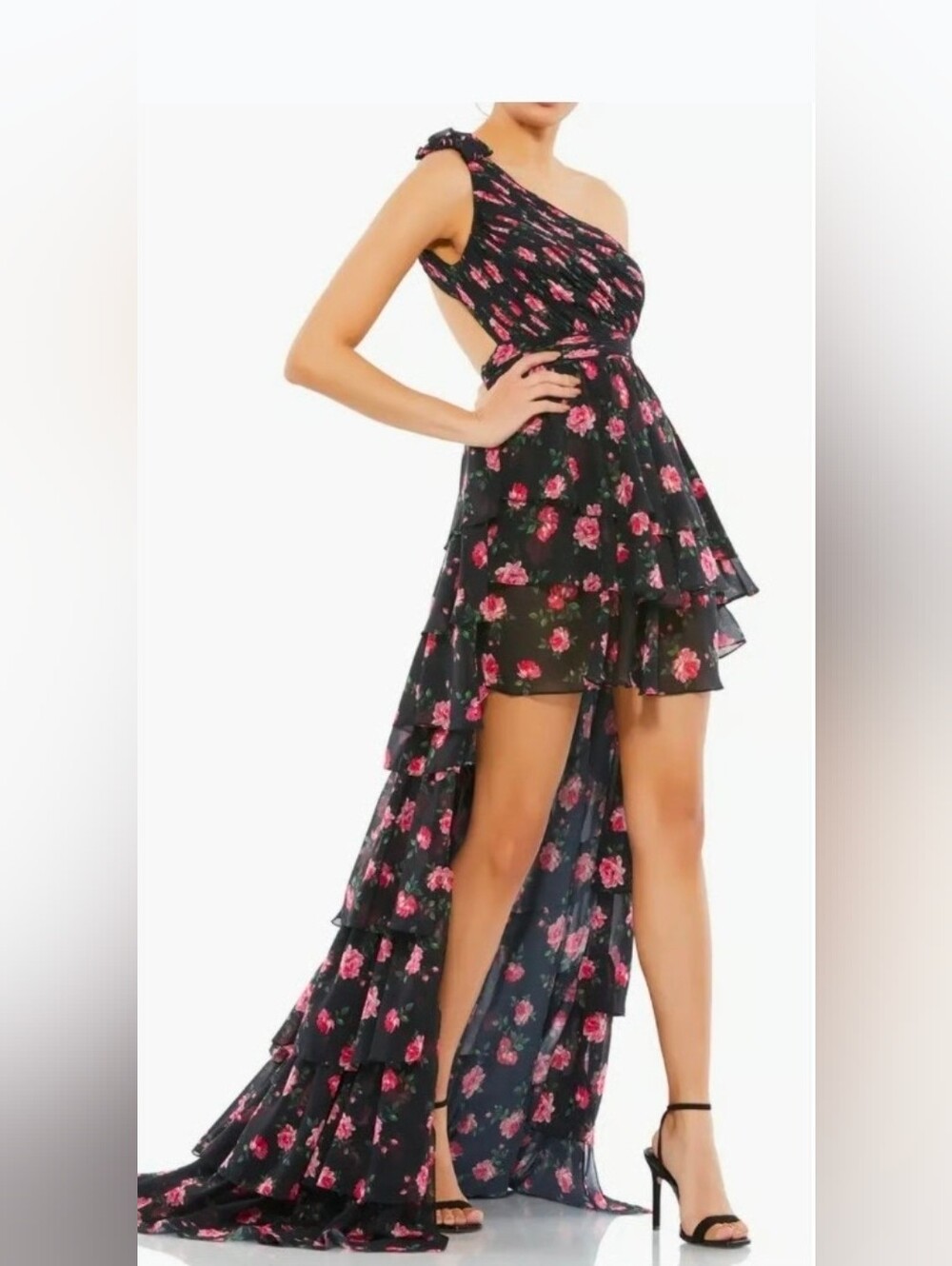 NWT Mac Duggal One Shoulder Rose Print Tiered HighLow Dress 70246 Sz 6